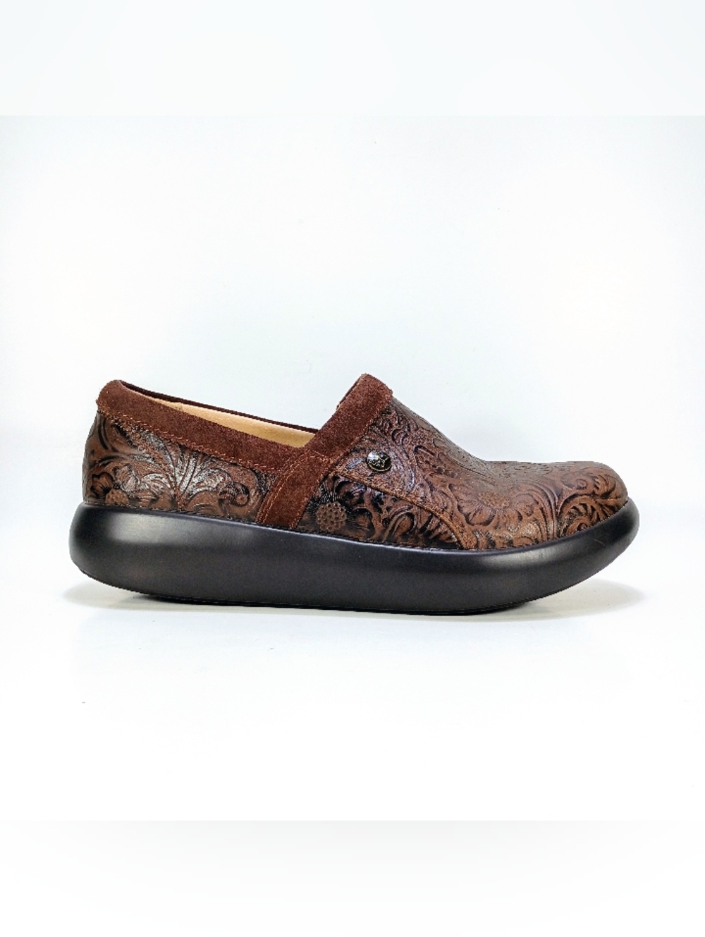 Alegria Emry Embossible Womens 8.5 EU 39 Brown Leather Floral Print Clogs